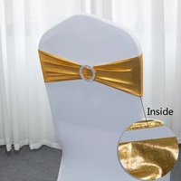 21 50pcslot metallic gold silver chair sashes wedding chair decoration spandex chair cover band with round buckle for party