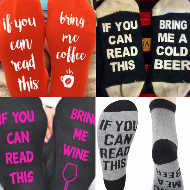 Women Men Funny Ankle Socks Letter Print If You can read this Bring Me Wine Coffee Beer autumn spring fall Dobby Christmas | Женская