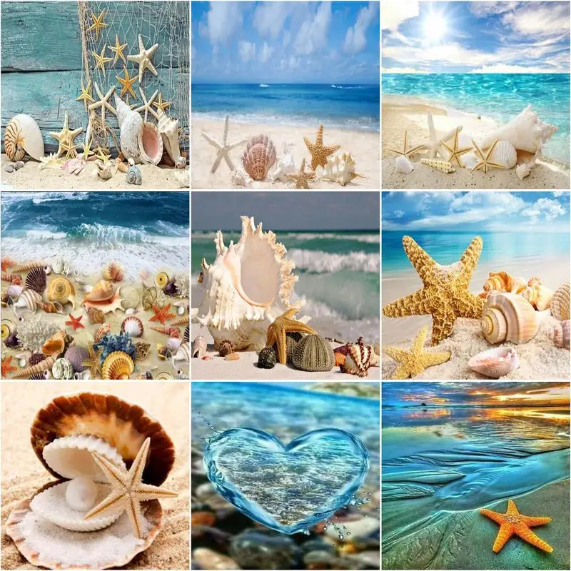 

Diamond Painting Full Square Round Seaside Diamond Embroidery Shell Mosaic Kits Landscape Cross Stitch Rhinestones Art