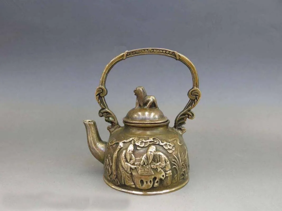 

Chinese Brass Copper Carven Dog 2 Old Man chess pattern water teapot teakettle