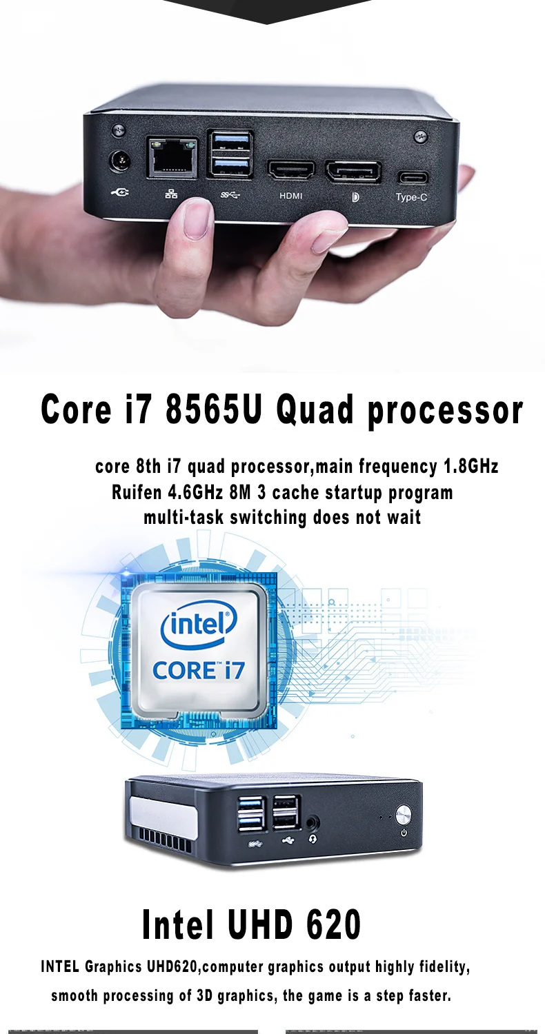 8-го поколения i7 Мини ПК 8565U 64 Гб DDR4 ram Windows 10 pro с вентилятором компьютера i5 8265U type-C UHD graphics 620 M.2 SSD 4K HTPC i3 8145