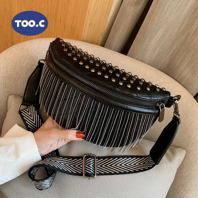 

Solid Black Chest Bag Chain Woman Shoulder Bag PU Leather Beaded Messenger Bag Letter Waist Bag Luxury Handbags Women Designer