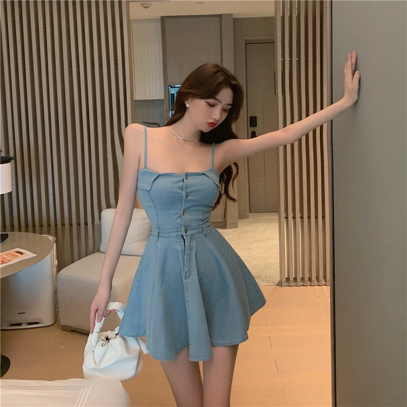 

COIGARSAM Women One Piece Korea Dress Summer 2021 New Sexy Backless Spaghetti Strap Blue Dresses Robe Traf