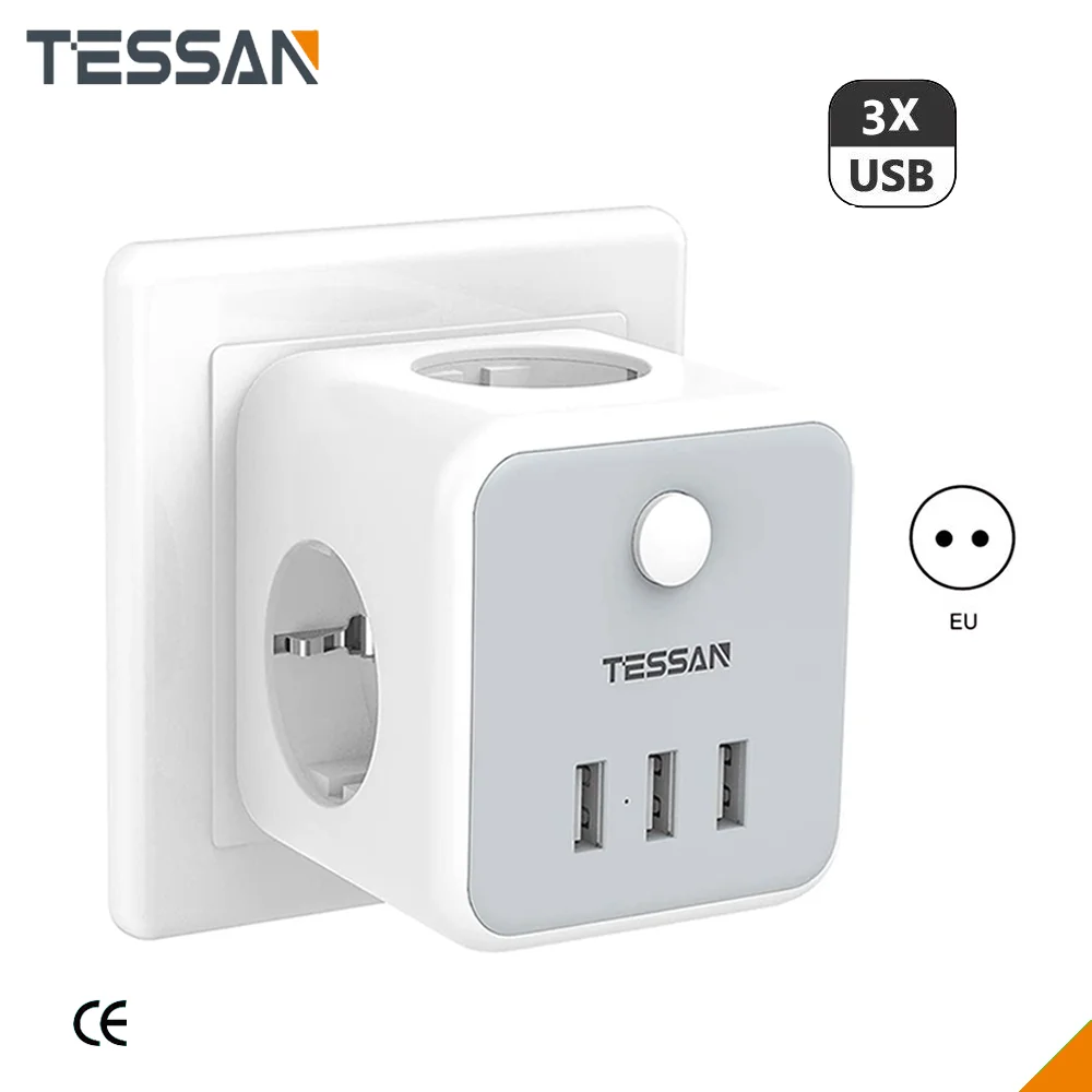 

TESSAN Smart Plug for Home EU Plug Power Adapter Protable Power Strip with Swtich 3 EU Outlets 2 USB Charging Stations