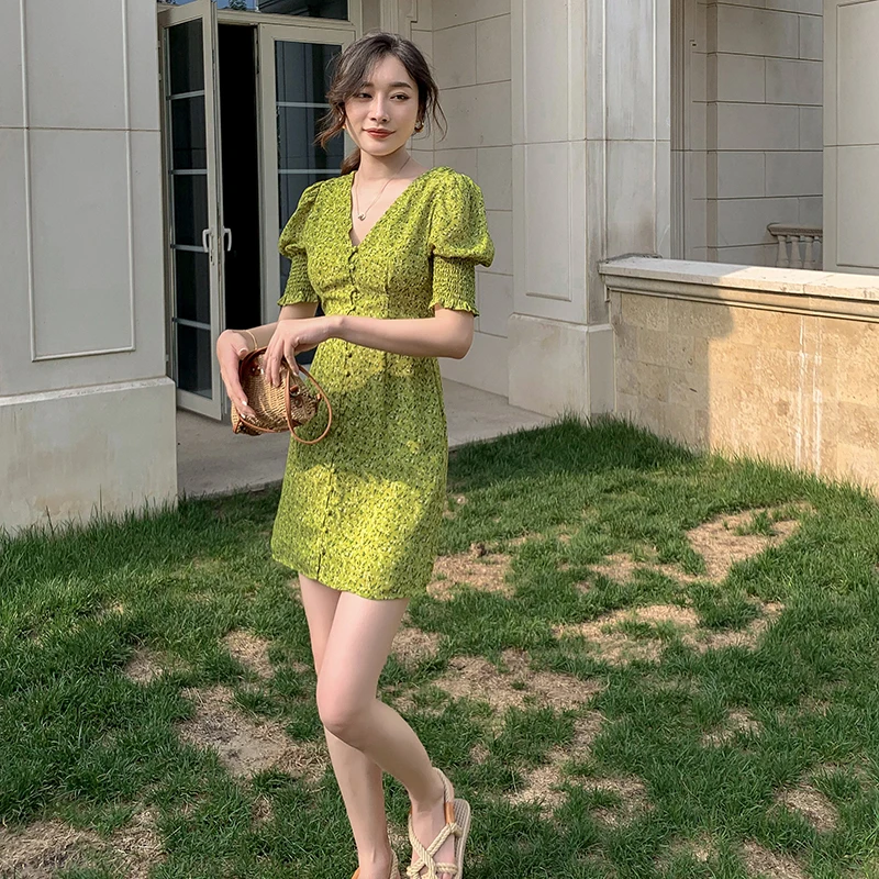 

Summer printing dress V neck puff sleeve slim new korean fashion thin sexy style office party for women temperament dresses