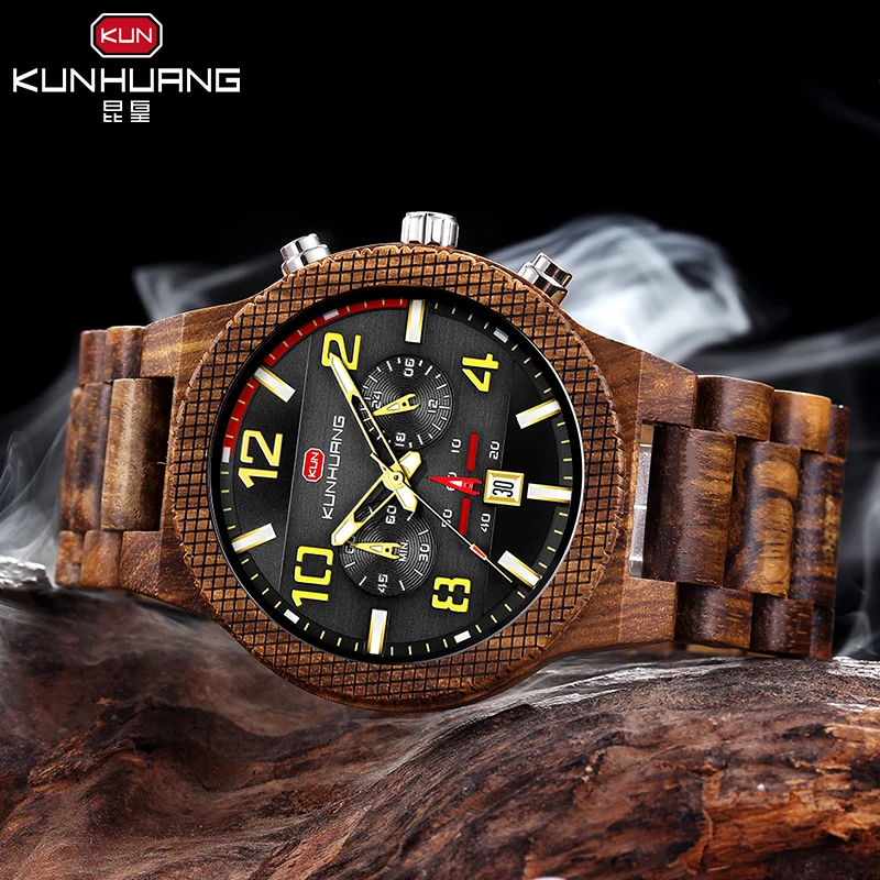 

Men's Wood Watches Military Sport Chronograph Luminous Show Date Fashion Wooden Quartz Timepieces Male Relogio Masculino