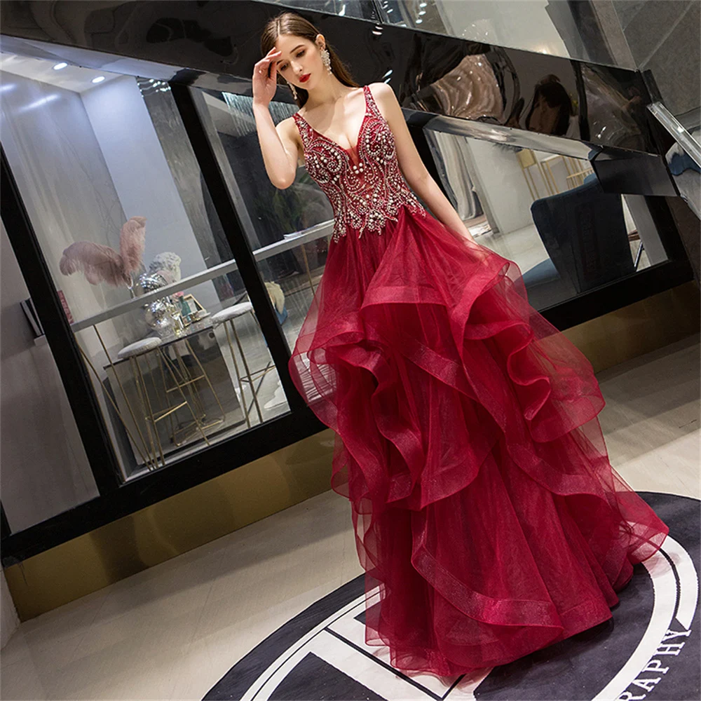 

Dioflyusa Wine Red V Neck Sleeveless Beaded Crystal Asymmetrical Cocktail Party Engagement Evening Dress Woman Sexy Prom Dress