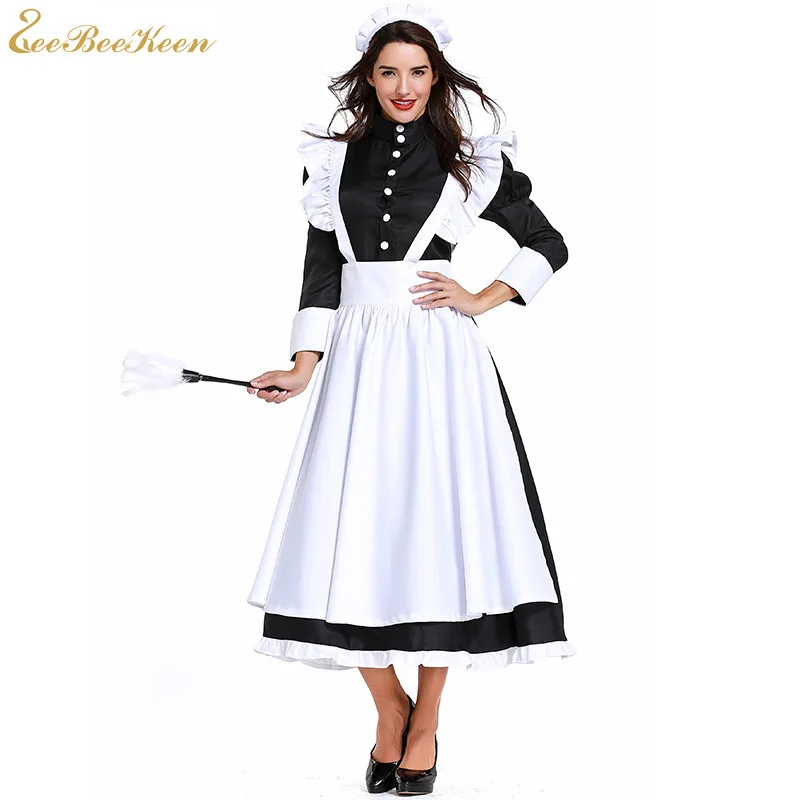 Платье для взрослых Аниме Лолита черное платье горничной белое длинное с замком