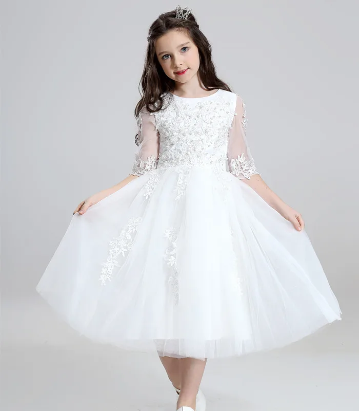 Vestidos de daminha/Белое фатиновое кружевное бальное платье с бисером; Платья с цветочным узором для девочек с короткими рукавами на свадьбу; коллекция года; платья для первого причастия