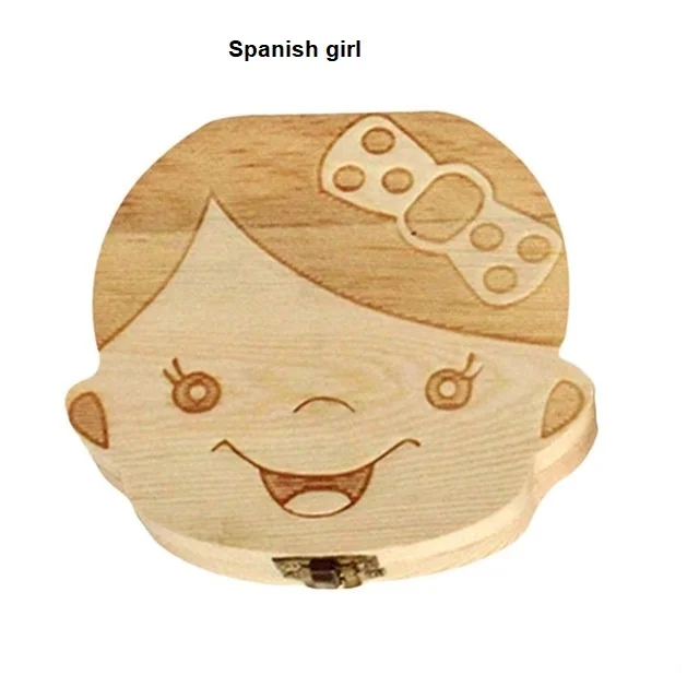 Girl Spanish Испанский английский, русский детское дерево коробка для зубов органайзер для хранения молочных зубов Umbilica сохранить подарки сувенир-Подарок для ребенка - Цвет: Girl Spanish
