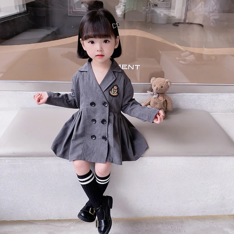 

Baby Girl Dress trench Pleated Skirt Kids Clothes Solid Cute Fashion Autumn Spring Knee-Length