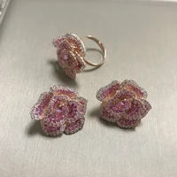 bilincolor pink flower eearring and ring set jewerly set for women
