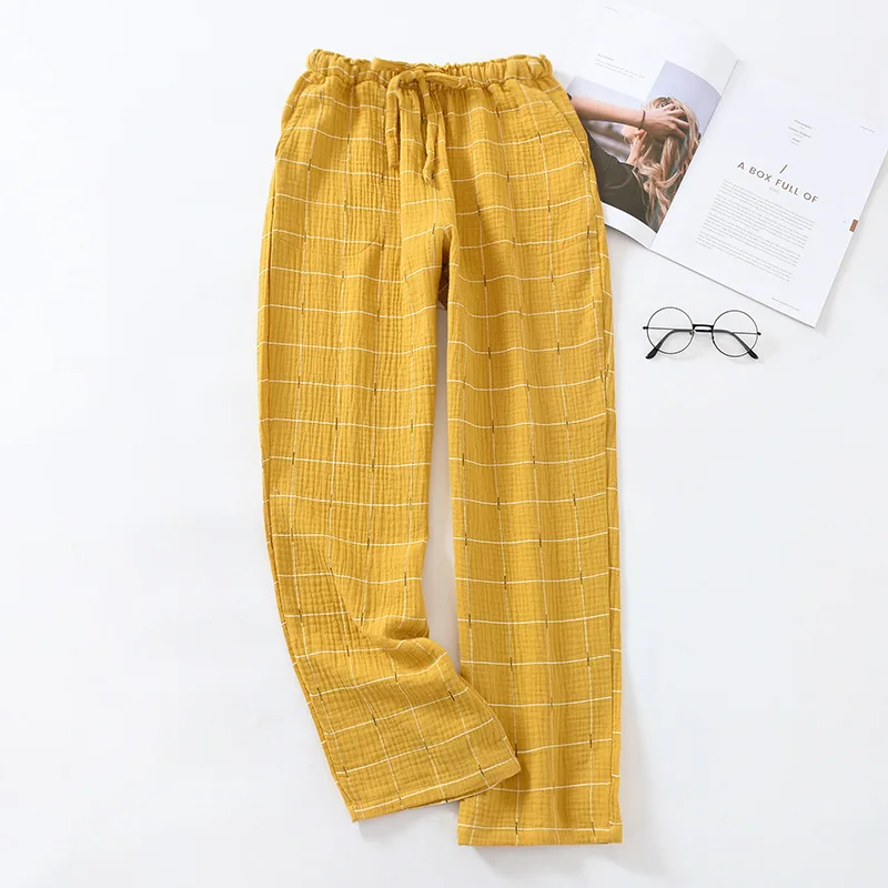 Summer Cotton Gauze Sleep Bottoms Men Simple Plaid Sleepwear Pants For Male Casual Spring Loose Women Long Pants Home Trousers