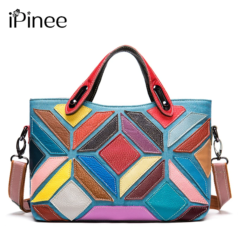 iPinee Colorful Leather Patchwork Women Shoulder Bag Casual Cowhide Bucket Retro Style Female Travel Handbags Tote