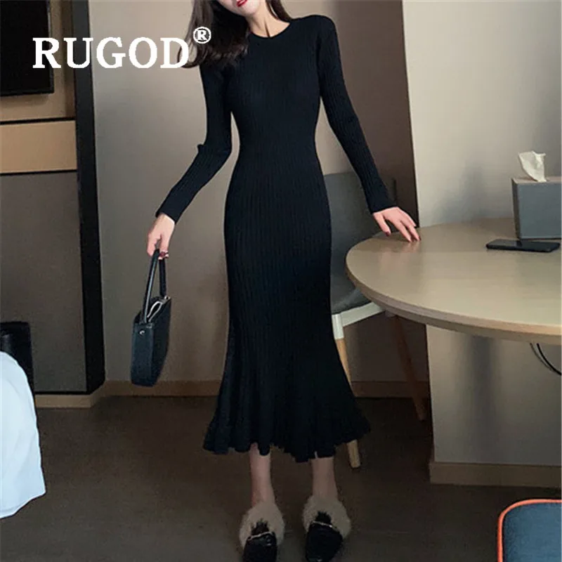 RUGOD 2019 Новое Осеннее однотонное теплое вязаное платье с круглым вырезом