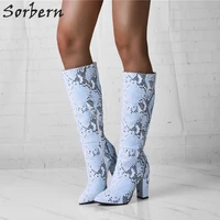 Sorbern Snake Knee High Boots Block Heels Pointy Toes Custom Wide Fit Calf Female Boot Chunky High Heel Size 12 Womens Shoes