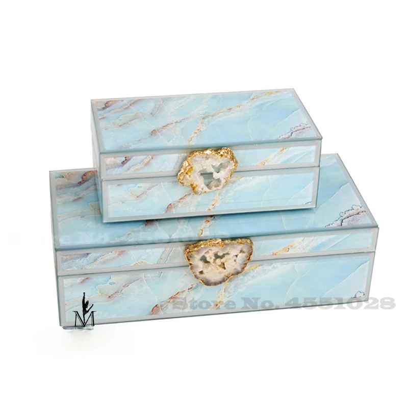 

Luxury Jewelry Box Blue Agate Glass Dressing Table Home Decor Modern Jewelry Storage Box Home Craft Decoration Ornaments