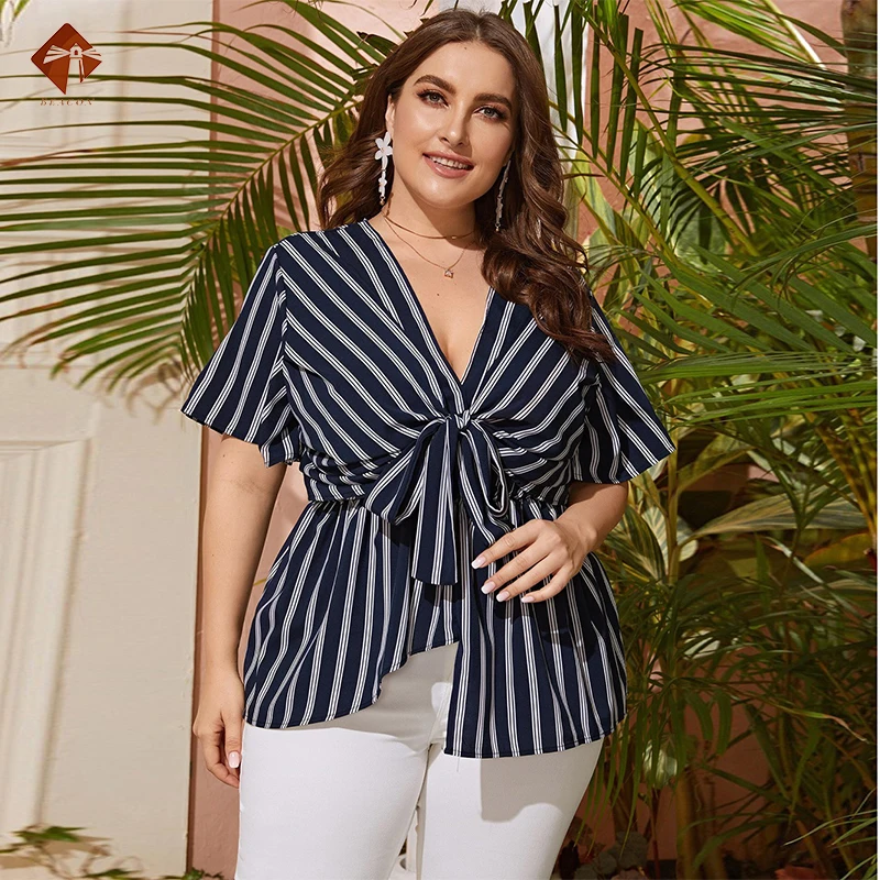 

Casual Loose Striped Shirt Women Sexy Chiffon Blouse Batwing Sleeve Womens Top V-Neck Blouses Plus Size Shirt Blusas 2021 Summer