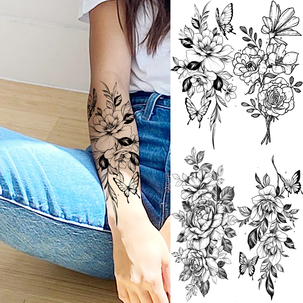 

Black Peony Flower Butterfly Temporary Tattoos For Women Adult Girl Rose Bouquet Fake Tattoo Realistic Body Art Decoration Tatoo