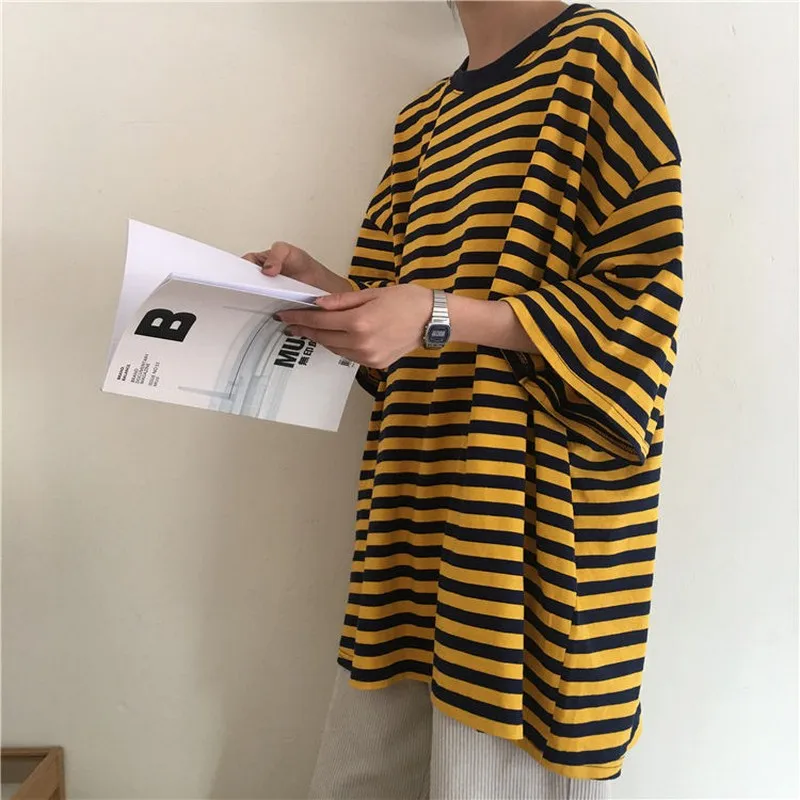 

T Shirt Women Striped Causal Tops Tees Harajuku Tshirt Summer Short Sleeve Korean Punk O-neck T-shirt camiseta feminin
