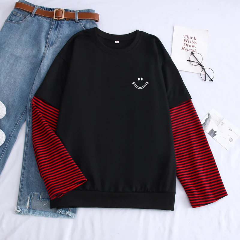 

KPOP Autumn Men's Streetwear Pullover Casual Smile Print Sweatshirt 2019 New Fashion Stitching Color Loose Large Size Tops Male
