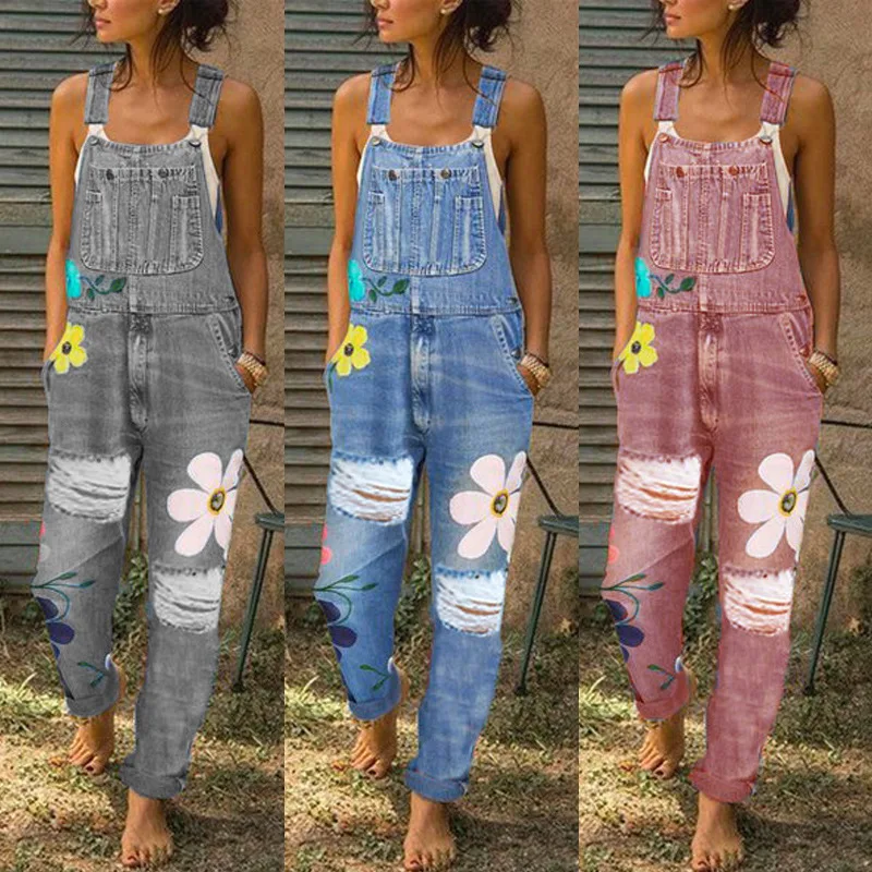 

Women's jean overalls slacks 2021 fashion print vintage mommy coveralls ripped sleeveless suspenders women's jean pants