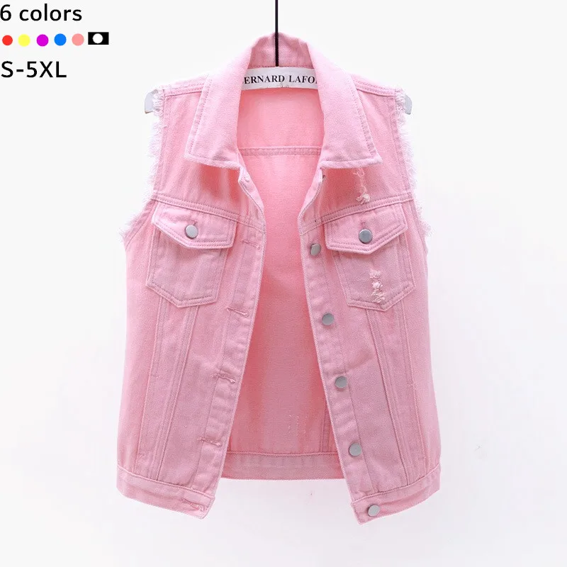 

Vest Jacket Jeans Women Outwear Casual Turn-Down Collar Denim Sleeveless Plus Size Pocket Button Pink Sping & Autumn Streetwear