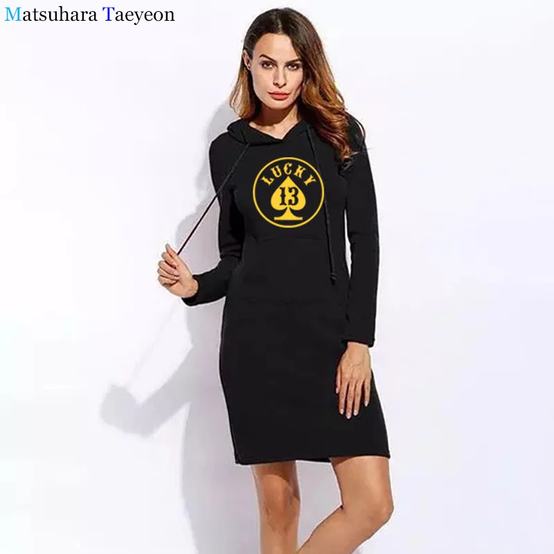 

Women Plus Size Harajuku LUCKY 13 Printed Hoodies Long Sleeve Dress Drawstring Sweatshirt Pullovers Female Long Sweatshirts