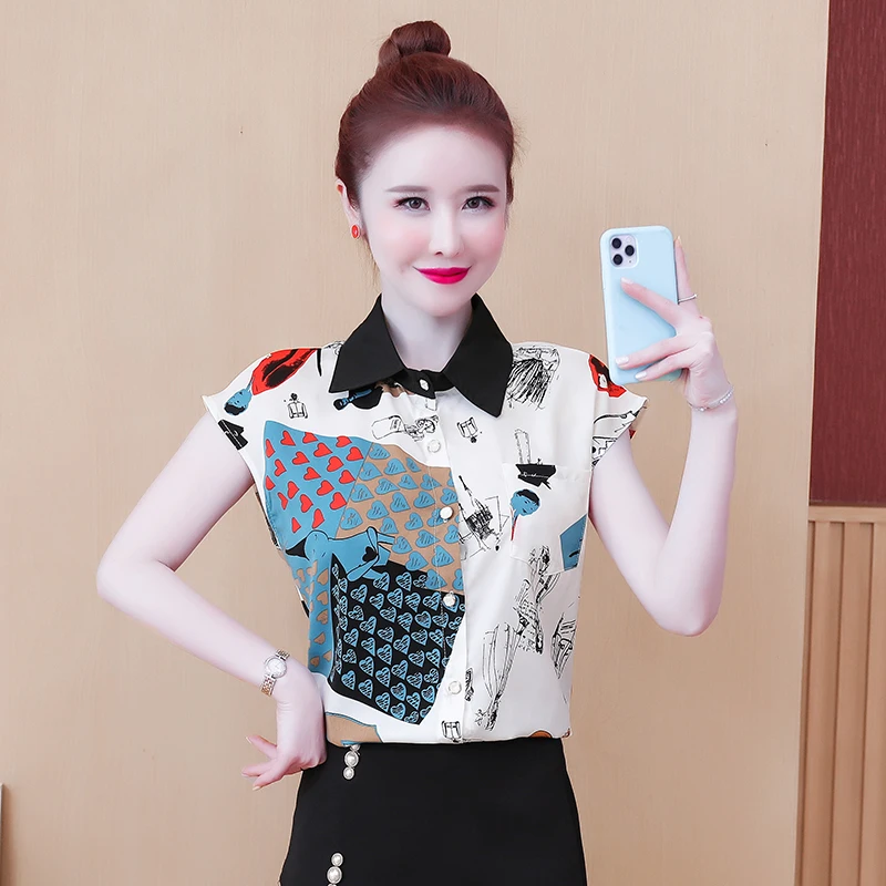 

Chiffon Women's Blouse Print Polo Girl's Shirt New Korean Fashion Sleeveless Top Summer Casual Lady Blusas Button Houthion