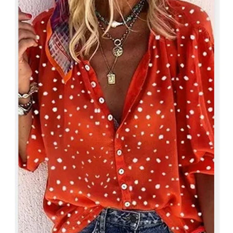

V-Neck Print Women Blouse Long Sleeve Loose Casual Shirts Womens Tops Office Button Shirt High Street