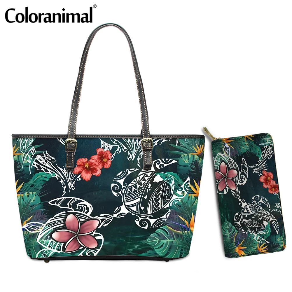 

Coloranimal Luxury Brand Women PU Leather Shoulder Bag Hawaii Turtle Tropical Plumeria Printed Ladies Handbag 2Pcs Tote Bolsa