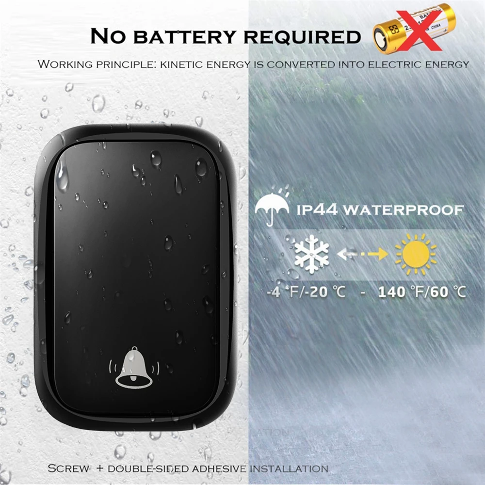 CACAZI Home Wireless Self-powered Doorbell No Battery Required Transmitter Intelligent Call Ring Bell US EU UK AU Plug Receiver |