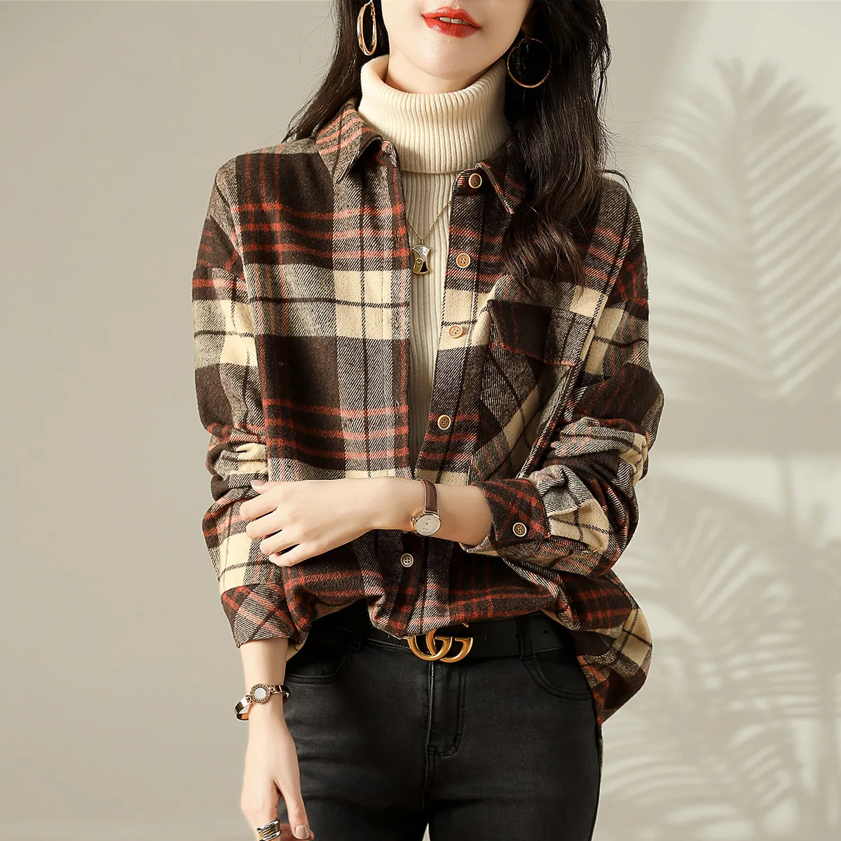 

Blended Women's Blouse Plaid Polo Girl's Shirt Long Sleeve Top Spring Autumn Fashion Clothing Casual Lady Blusas Houthion