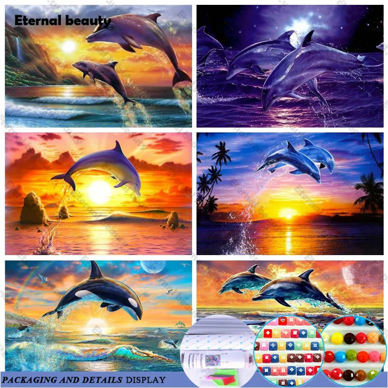 

Jumping Dolphins Diy 5D Diamond Embroidery Cross Stitch Mosaic Diamond Paintings Needlework Full Drill Crystal Home Wall Decor