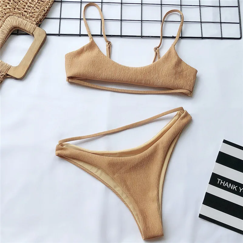 Хаки Underboob бикини ребристые полые стринги купальник женский сексуальный стринги купальники хаки Bling Холтер купальный костюм пуш-ап S-L - Цвет: Хаки