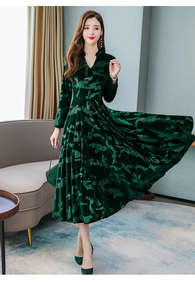 Винтажные однотонные бархатные миди платья осень зима 3XL плюс размер платье макси с длинным рукавом элегантные женские облегающие вечерние платья