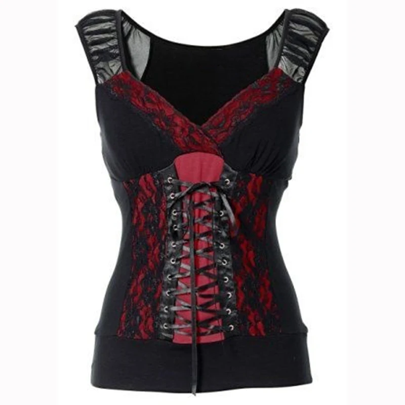 

Gothic Bandage Tank Top Women Vintage V-neck Lace Patchwork Sleeveless Tanks Sexy Camis Summer Haut Femme