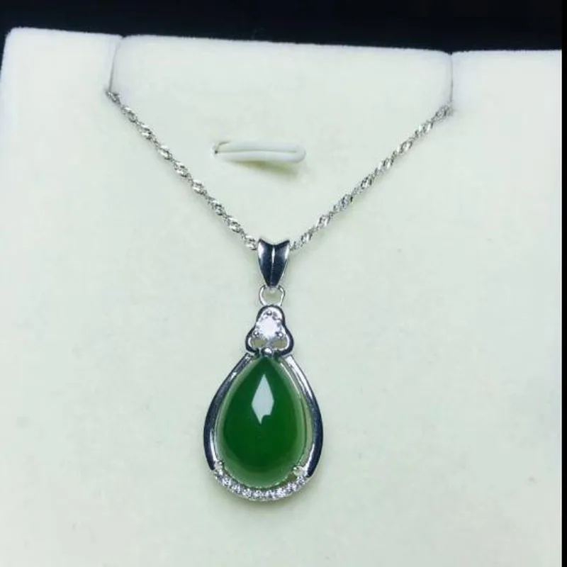 

Natural Hetian Jasper Jade 925 Silver Inlaid Water Drop Pendant Necklace