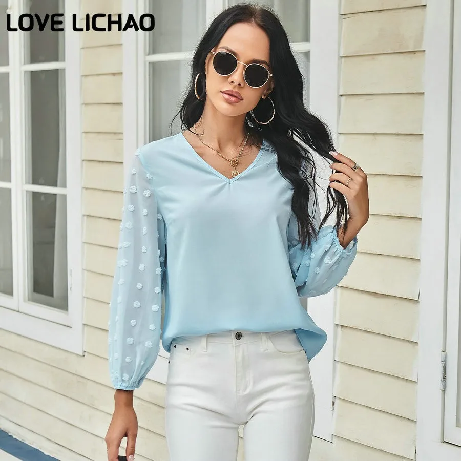 

Solid Lantern Sleeve V-neck Tshirt Women 2021 Autumn New Fashion Casual Loose T-shirt Casual Long Sleeve Top Women Clothes