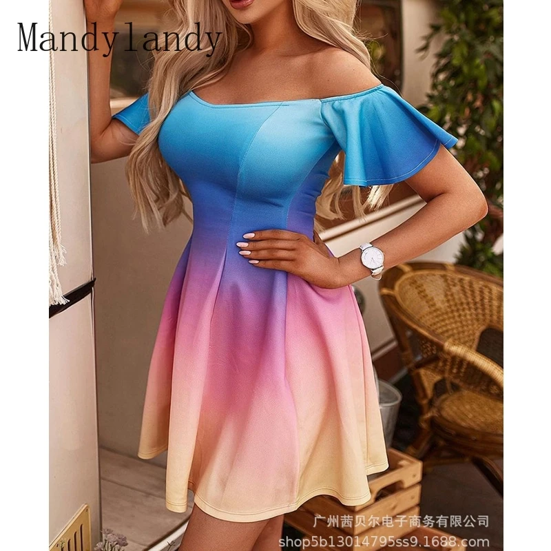 

Mandylandy Dress Summer Sexy Flared Sleeves Slash Neck High Waist Dress Women's Casual Gradient Color Slim Dress