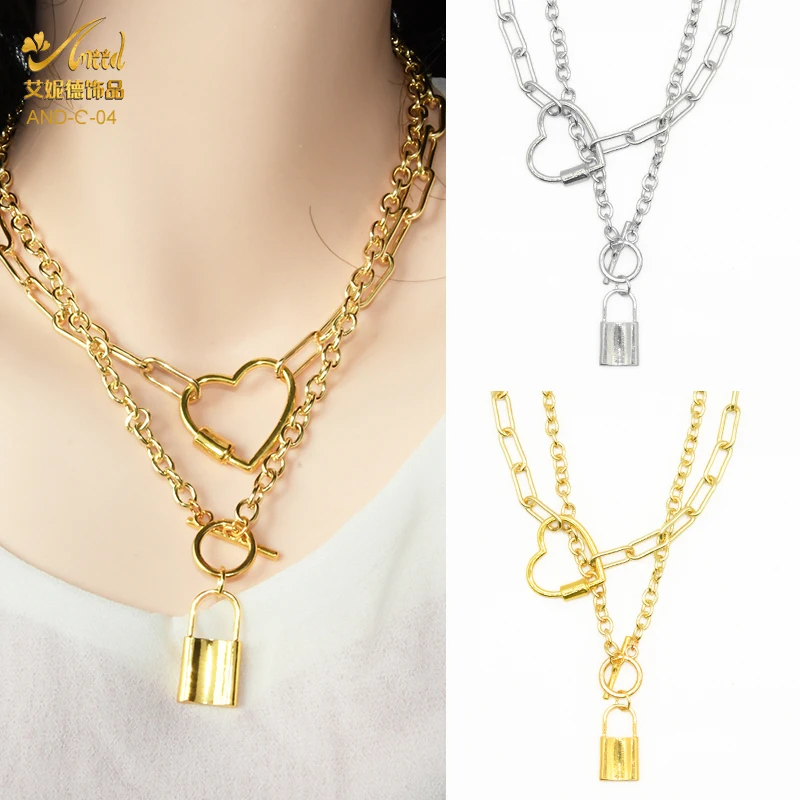

2021 Multilayer Love Lock Heart Necklace Women's Chain With Pendant Vintage Layered Choker Gold Plated Nigerian Fashion Jewelry