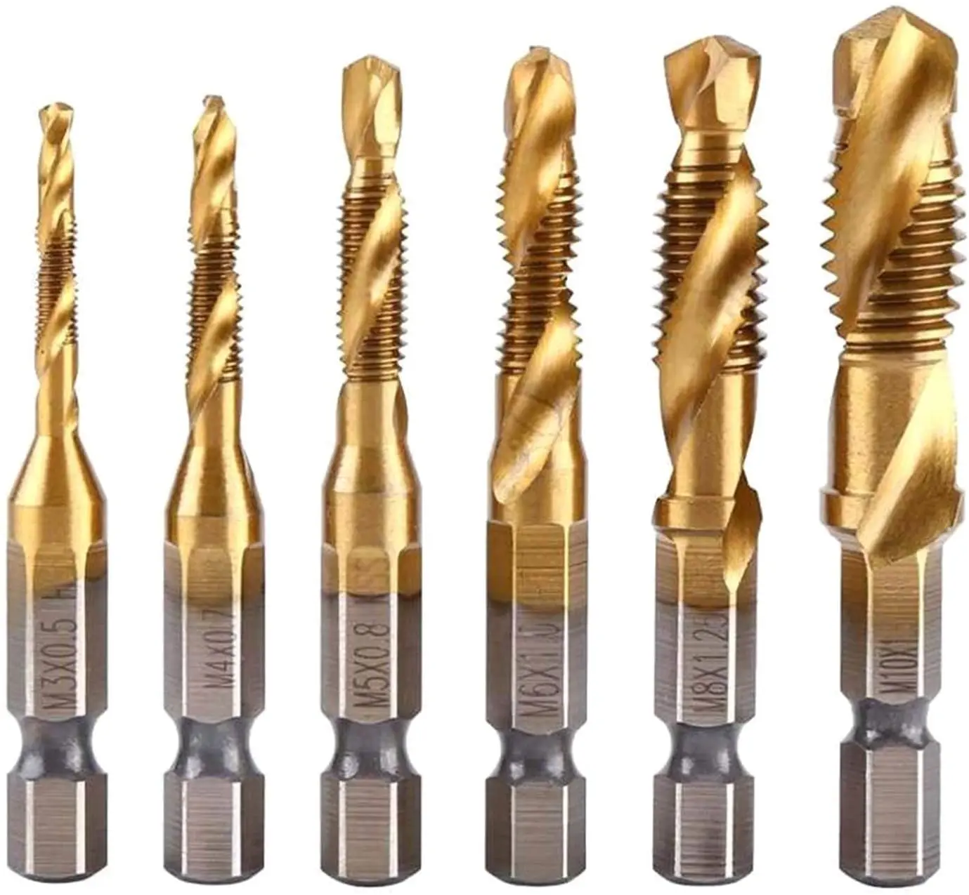 

6Pcs Hex Shank Titanium Plated HSS Screw Thread Metric Tap Drill Bits Screw Machine Compound tap M3 M4 M5 M6 M8 M10 Hand Tools