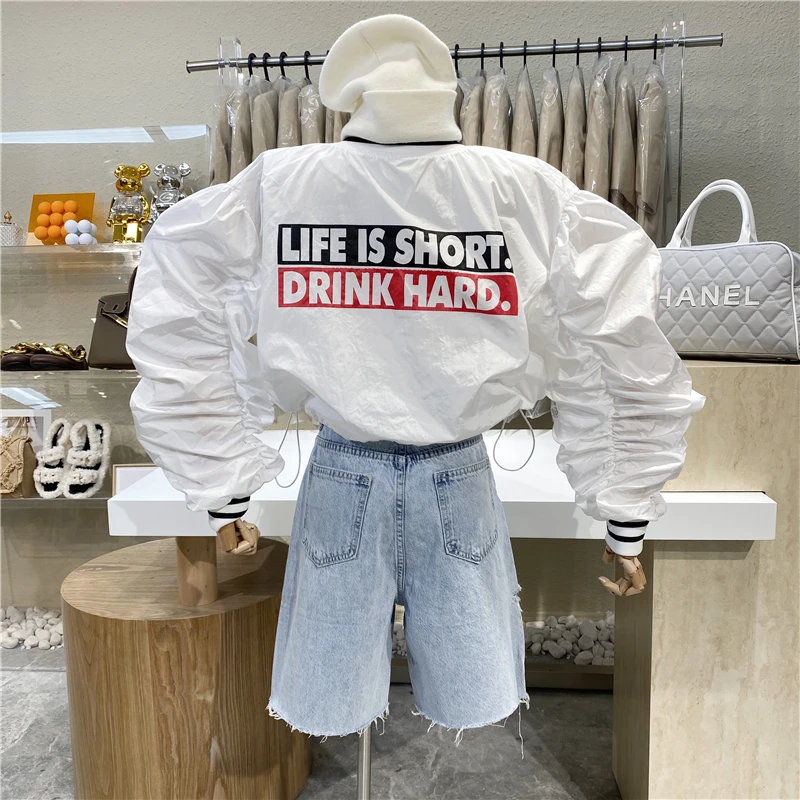 

2021 Colored Letters Short Jacket 2021 New Contrast Collar Pleated Sleeves Loose Wild Casual Baseball Uniform Coat