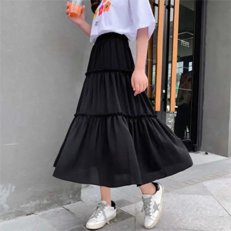 

Spring And Summer Female Chiffon Skirt Retro High Waist Stretch Stitching White Black Chic Long Cake A-line Skirt Students