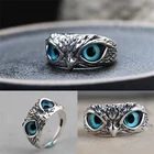 Кольцо с совой в стиле ретро панк хип-хоп, скульптура животного, кольцо с синим кристаллом для глаз для женщин, ювелирное изделие с посеребренным геометрическим дизайном, кольца унисекс