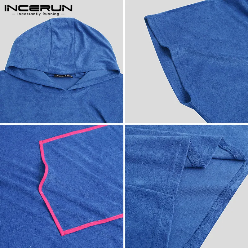 

Loose Pocket Bathrobes 2021 Leisure Sleep Robes Mens Short Sleeve Hooded Homewear Solid Color Nightgown Patchwork INCERUN S-5XL7