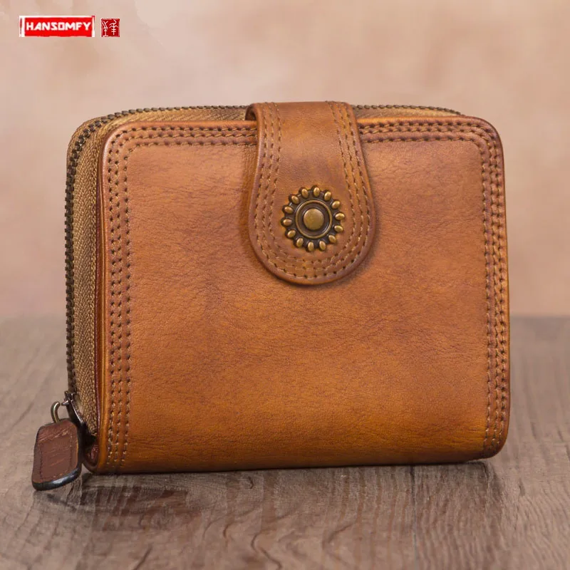 Короткий кошелек из воловьей кожи первого слоя в стиле ретро женские кошельки