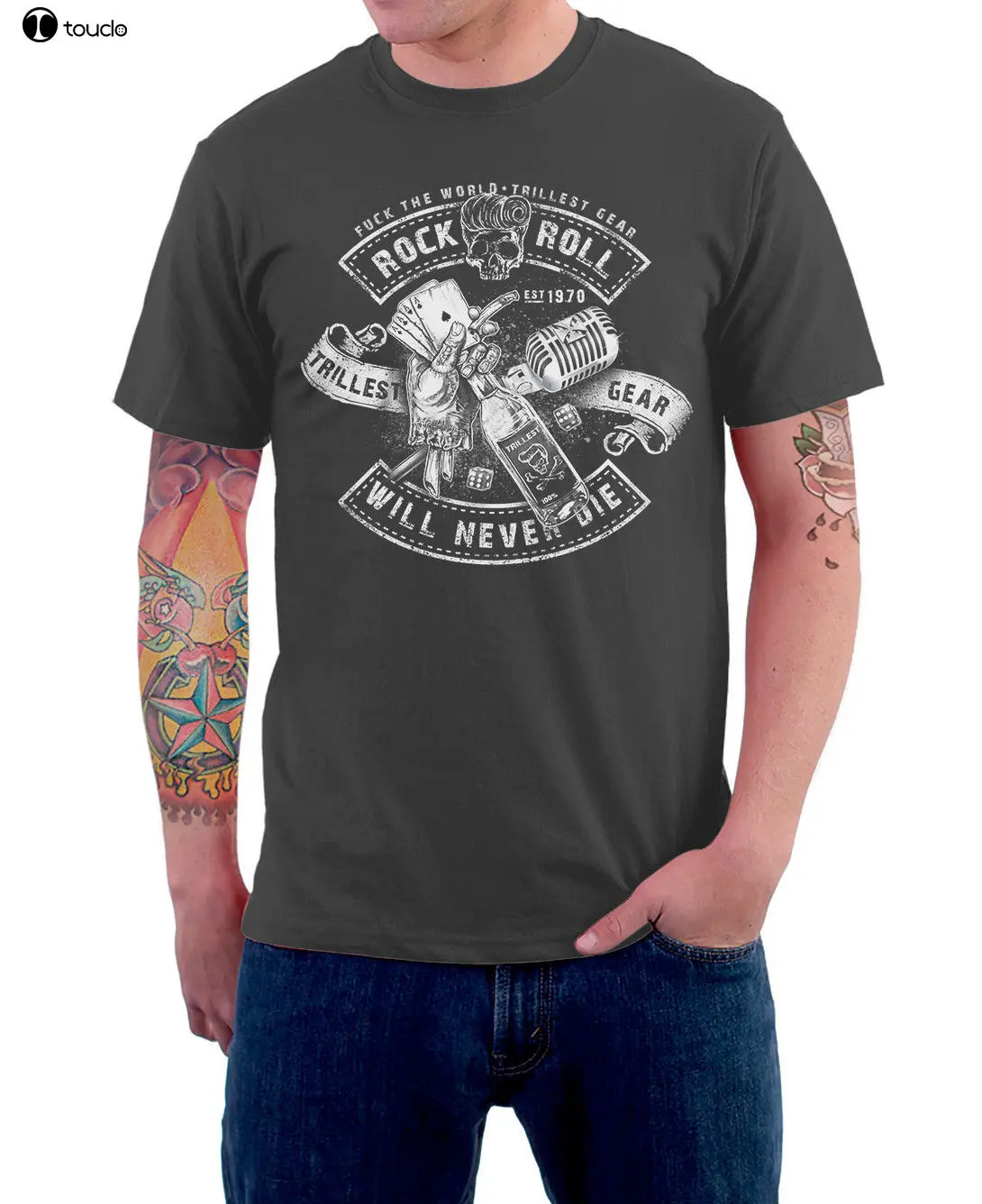 

100% Cotton for Man Shirts Rock N Roll T-Shirt Herren Rocker Rockabilly Skull Hot Rod Biker Grau Print Tee Shirts
