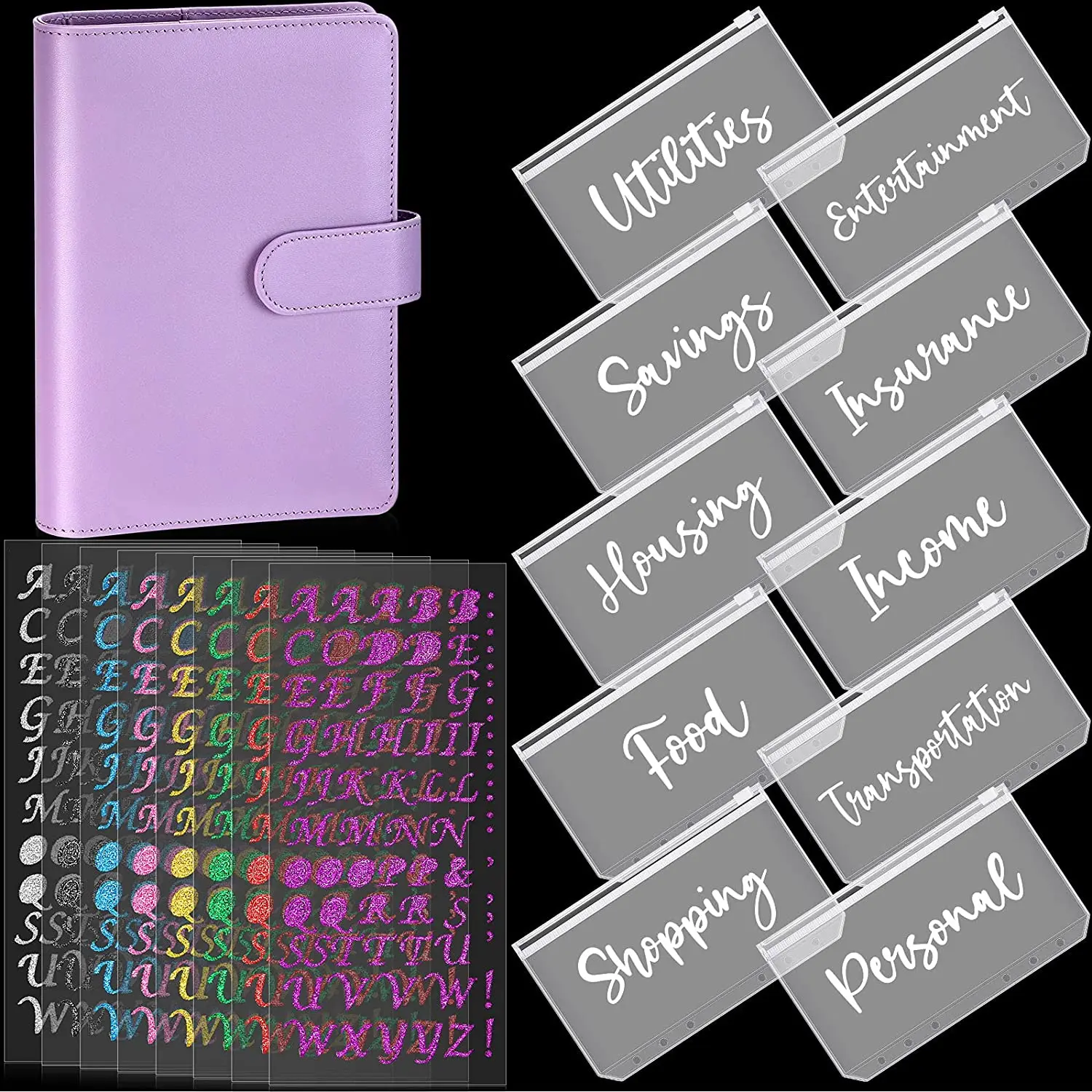 A6 PU Leather Notebook Binder Budget Planner Cover with 12 Pieces Personal Cash Binder Budget Envelopes and 8 Alphabet Stickers