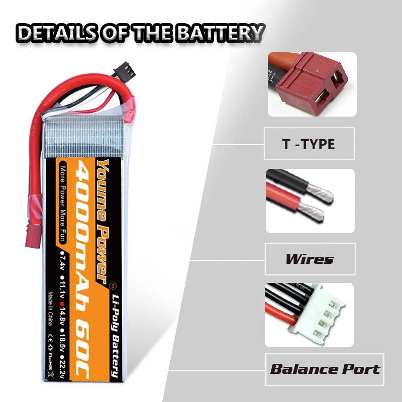 YOUME Lipo 2S 7,4 V 3S 11,1 V 4000mAh 60C 4S 14,8 V 6S 22,2 V аккумулятор XT60 T TRX 18,5 V 5s для RC частей автомобиля квадрокоптера вертолета